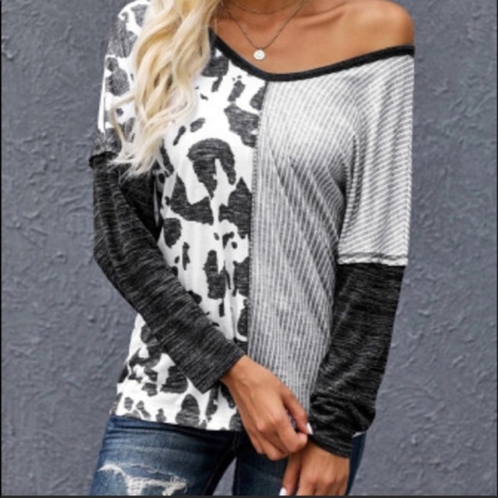 Slouchy Colorblock Long Sleeve Mixed Print Top New Boutique Sz Small - Picture 2 of 5
